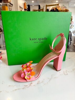 kate spade Pink Floral Appliqué Ankle-Strap Block Heel Sandal